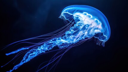 An underwater shot of a jellyfish drifting in the open ocean, its translucent body glowing against the deep blue water, with its tentacles trailing below.