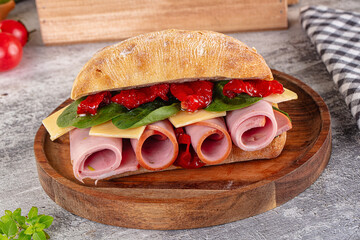 Ciabatta with mortadella, tomato, cheese and spinach