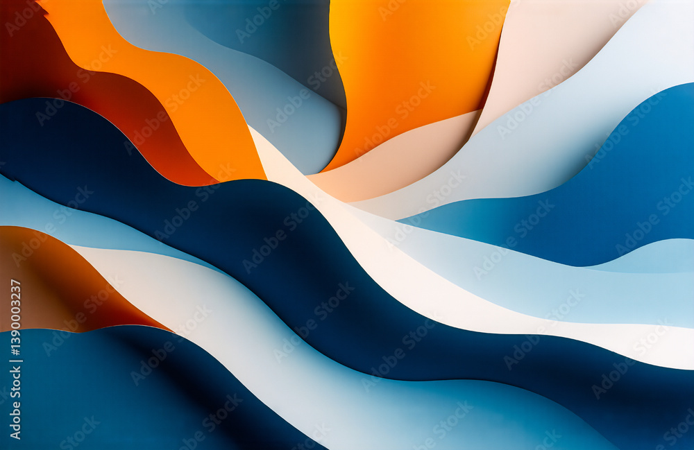 Fototapete Here's the description and keywords:

Abstract, colorful, flowing shapes suggesting movement and depth, with blues, oranges, and whites blending together. The layers interact creating a dynamic compos