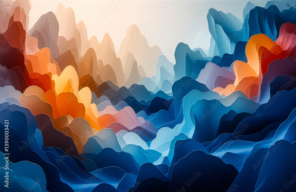 Aufkleber An abstract display of fluid forms, suggestive of mountains or waves, with a blend of vibrant, warm and cool colors. Light dances across the peaks and valleys, creating a dreamy landscape.