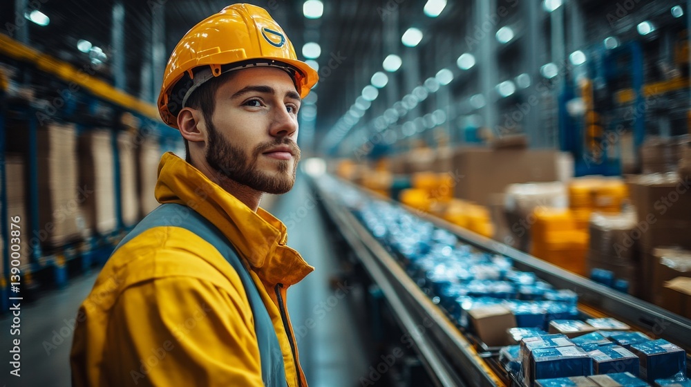 Leinwandbilder A worker in a bright yellow uniform and hard hat stands confidently in a bustling logistics center, overseeing the automated distribution process with packages and sorting equipment in the background.