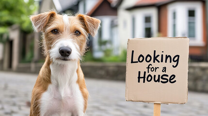 Stray Dog Seeking a New Home Stands by a Sign Asking for a House in a Suburban Neighborhood