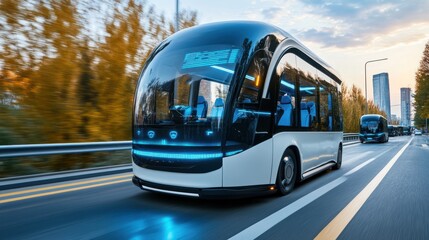 Fototapeta premium Autonomous bus drives city street, autumn