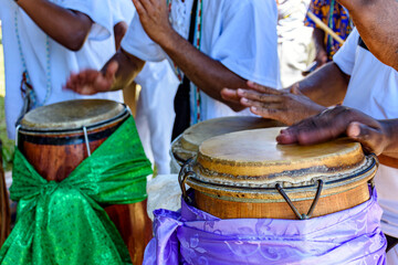 Decorated drums during a religious ceremony of Umbanda