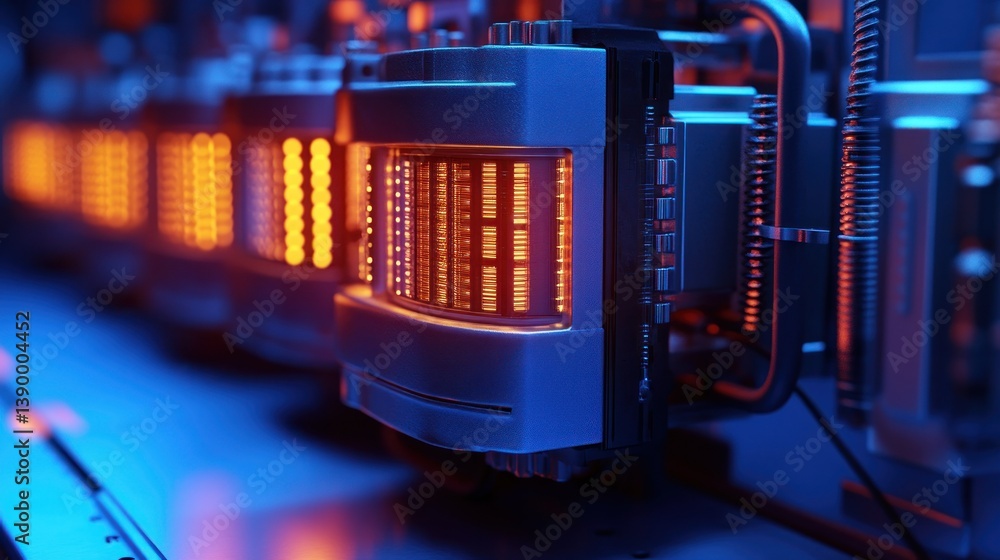 Poster futuristic computer processors in a server rack. detailed close-up view of glowing circuit boards, s