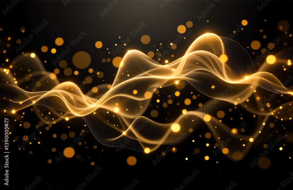 Aufkleber hints: abstract, glowing, waves, particles. abstract glowing golden waves and particles float agains