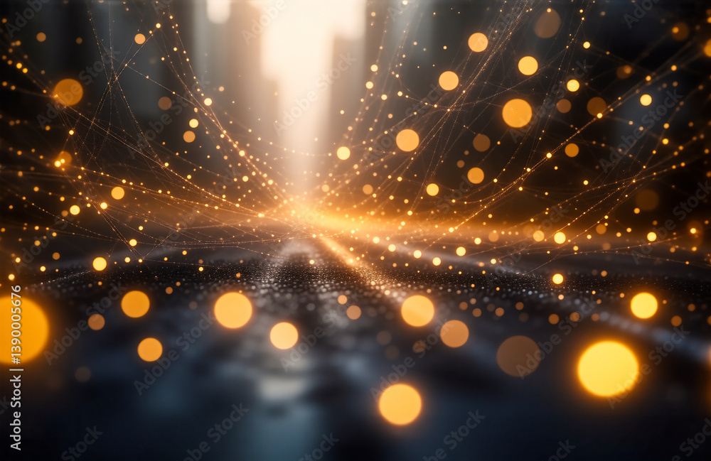 Fototapete a futuristic cityscape glows. abstract strings of light connect nodes in a blurry, dark environment.