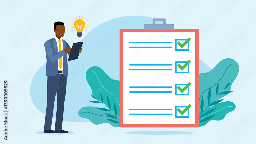 Poster this graphic shows a man in a suit holding a tablet, standing next to a large checklist with green c