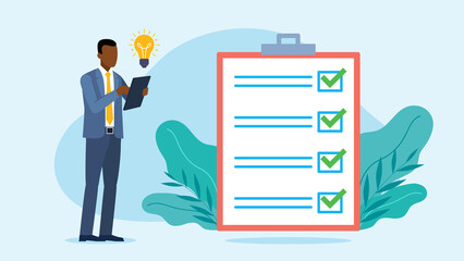 This graphic shows a man in a suit holding a tablet, standing next to a large checklist with green checkmarks. A lightbulb appears above him, symbolizing a new idea.	