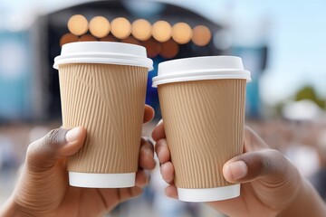Music festival crowd energy weekend concept. Two hands clinking coffee cups in a vibrant outdoor setting.