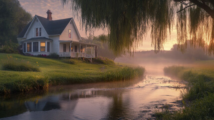 Fototapeta premium Charming farmhouse by creek with willow trees at sunrise