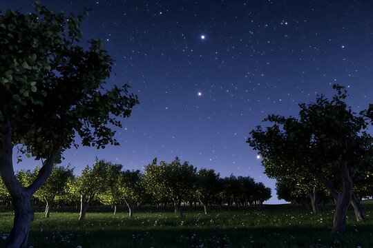 A starry night sky above a peaceful orchard, the moon casting gentle light on the trees.