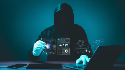 Shadow Hackers Digital Fortress Data Analysis Encryption World Domination Tech Investigation With Shield Icon, Laptop Assessment In Futuristic Cyber Environment