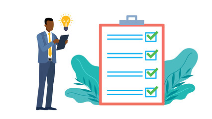 A lightbulb appears above him, symbolizing a new idea. This graphic shows a man in a suit holding a tablet, standing next to a large checklist with green checkmarks. 