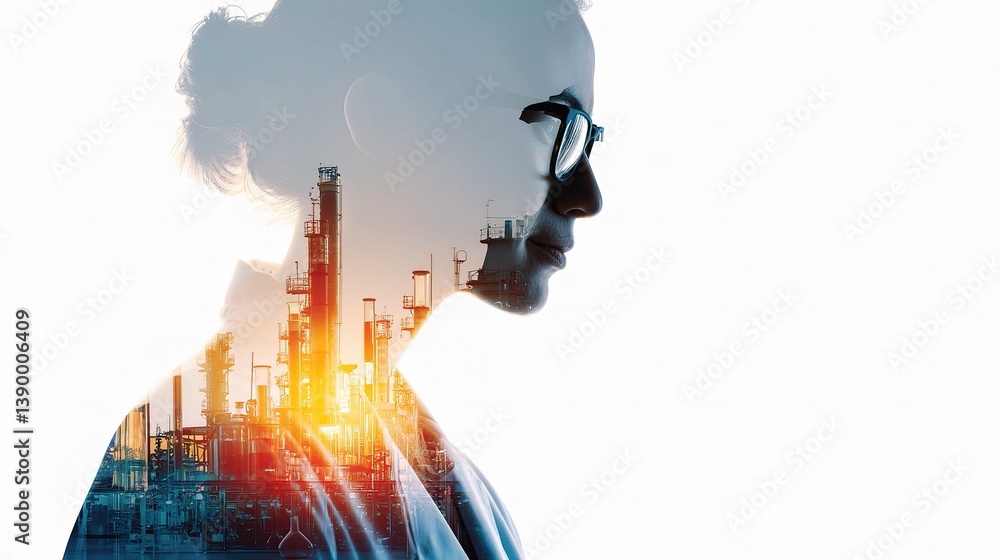 Poster scientist profile with double exposure and lab equipment background