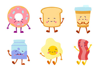 Cute breakfast food characters set. Textured drawn morning food collection.