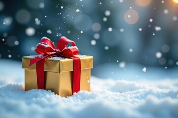 Snow-covered scene, golden gift box with red ribbon and snowflake, falling snow , winter wonderland, festive scene, gift wrapping