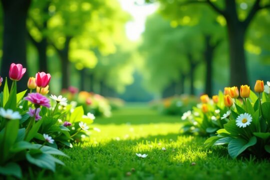 Soft focus green garden, tranquil scene, ideal virtual backdrop, virtual, online meeting