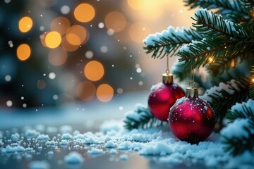 Sparkling snow-dusted pine boughs & ornaments, branches, pine