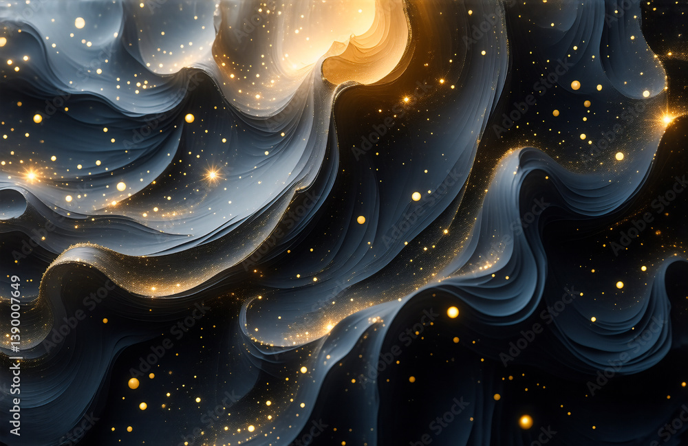 Fototapete a swirling cosmic nebula composed of blue, white, and gold hues, illuminated by stardust-like partic