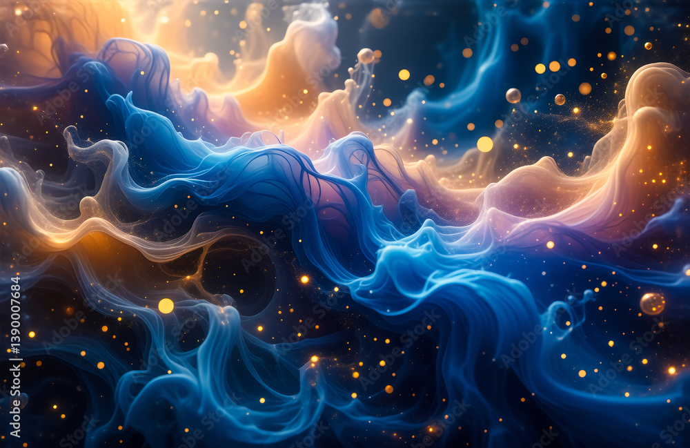 Poster Hint: The image shows a space-like abstract depiction of swirling clouds with glitter.

Abstract cosmic clouds with glitter swirl, mixing blue and gold. Dreamy, celestial, and otherworldly ambiance. A