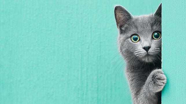 Curious Gray Cat Peeking from Wall Corner