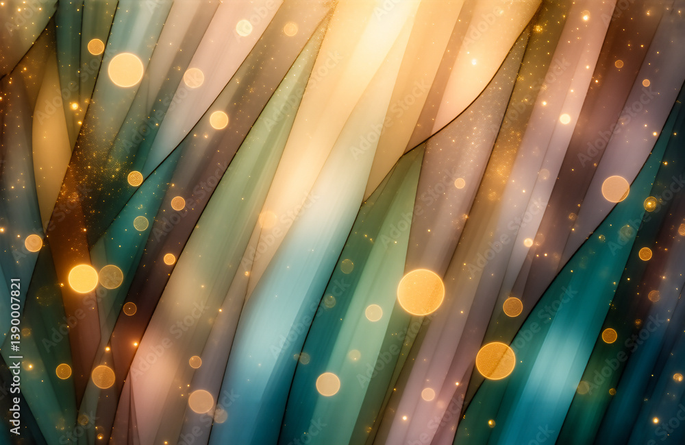 Poster here's the description and keywords: abstract, swirling artwork showing layered color and light, hin
