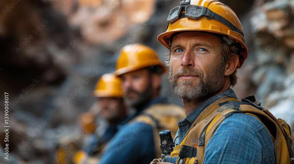 Poster mining crew members focus on mineral extraction within a rocky environment, equipped with safety hel