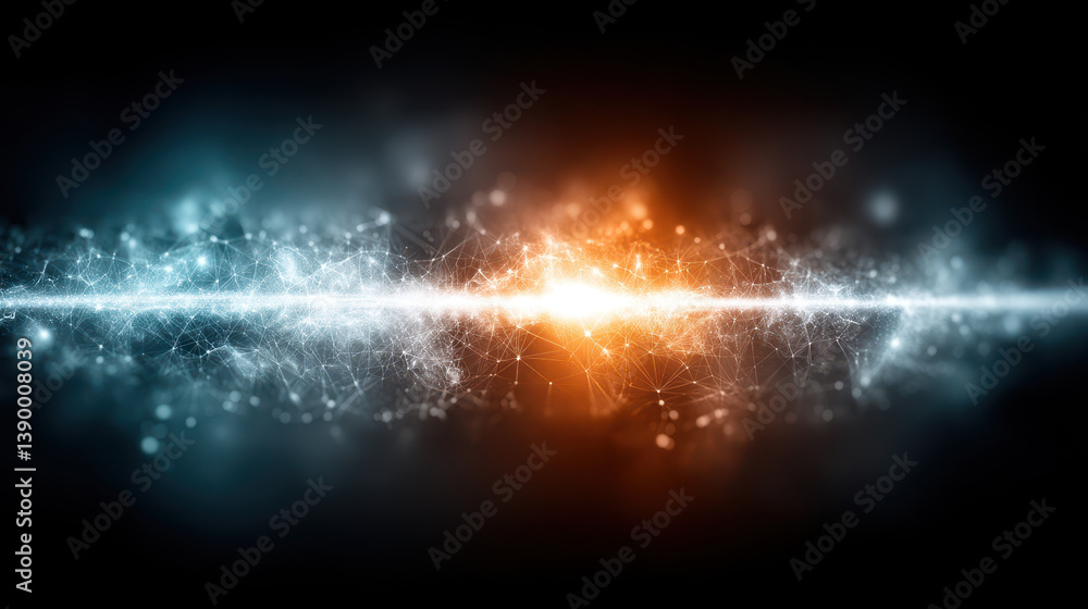 Poster quantum mechanics equations evolve into radiant strings amidst a cosmic backdrop of energy waves and