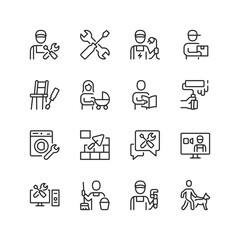 Local Specialists and Craftsmen, linear style icon set. Services and professions for home. Handyman, electrician, plumber, cleaner, tutor, babysitter, painter, tiler, pet walker.Editable stroke width