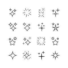Shine and Sparkle, linear style icon set. Glowing stars, twinkles, light bursts and decorative sparkles. Symbols of cleanliness, magic, beauty and highlights. Editable stroke width