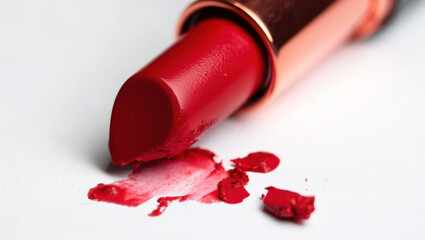 Broken Red Lipstick with Smudged Texture on White Surface