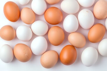 Fresh brown and white chicken eggs scattered on white background, top view composition showing natural organic farm products for cooking and baking.