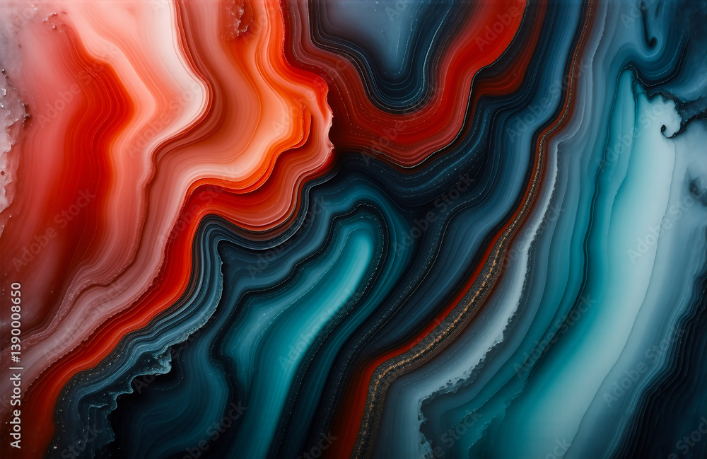 Aufkleber This image showcases abstract organic forms. Rich swirls of red, blue, and white create a fluid, layered appearance. The image evokes depth with marbled design patterns. Hints of light suggest a gloss