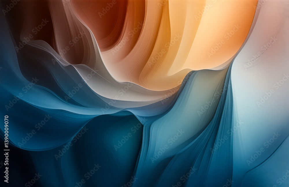 Poster Here's a description and the keywords:

The image depicts a flowing, abstract composition of layered forms. The color palette transitions from warm orange hues to cool blues, creating a sense of depth