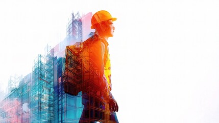 Abstract Double Exposure Construction Worker on Job Site