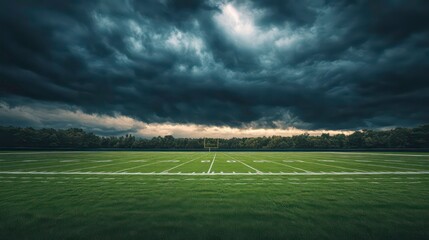 A dramatic and ominous stormy sky looms over an empty American football field, suggesting an impending game 