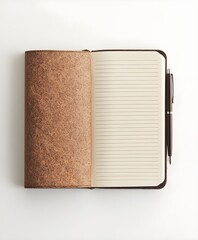 A notebook with lined paper and a pen on a white background viewed from above.