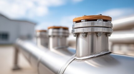 Obraz premium A close-up view of modern industrial pipeline flanges showcasing polished stainless steel and wooden elements against a bright blue sky with clouds, signifying technology and engineering.
