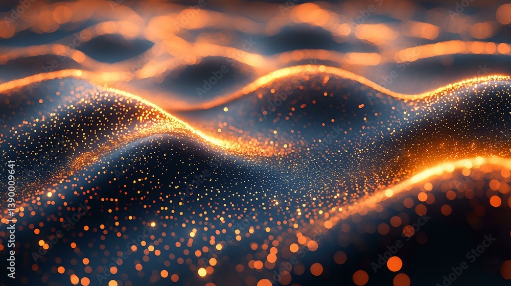Poster glowing orange waves with sparkling particles create dynamic abstract background. flowing light trai