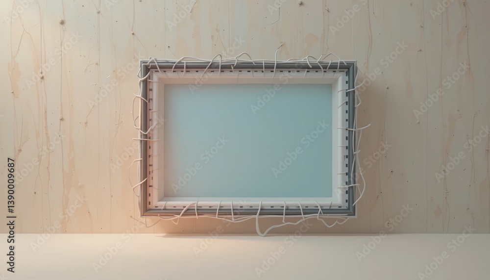 Poster creative art installation featuring empty canvas in minimalist studio environment engaging viewpoint