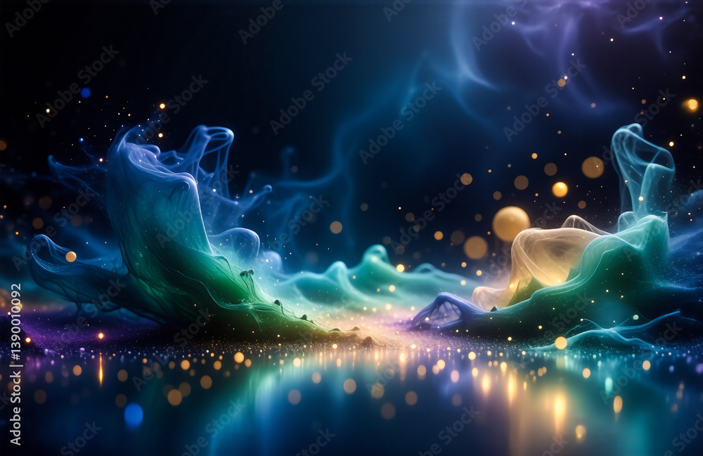 Poster here's the image description and keywords: an ethereal landscape shimmers. the hints of light dance 