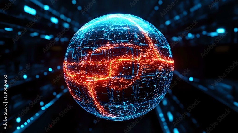 Poster glowing sphere with digital network patterns in blue and orange colors against dark background, repr