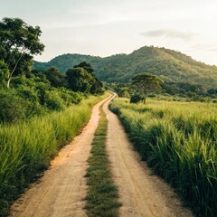 A winding dirt road through lush green fields and rolling hills under a summer sky.