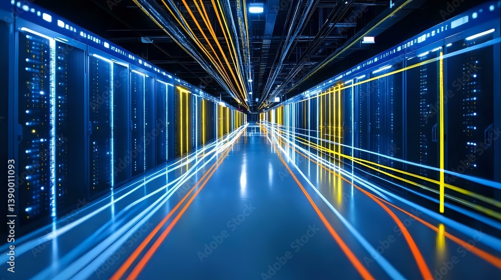 Poster modern data center corridor with glowing server racks and colorful light trails creating futuristic 