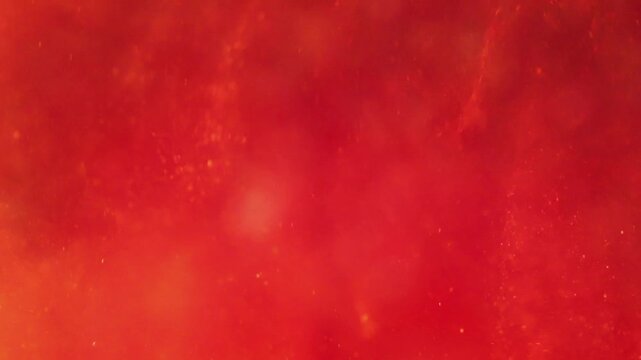liquid with dissolved particles of red orange candurin and bubbles slowly moves and shines. abstract bright background