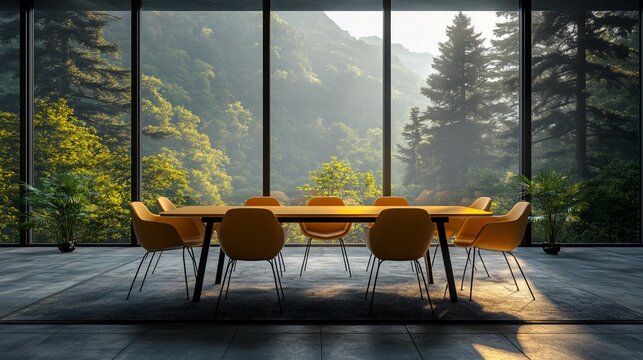 Fototapeta Modern Conference Room with Breathtaking Mountain and Forest Views Through Windows