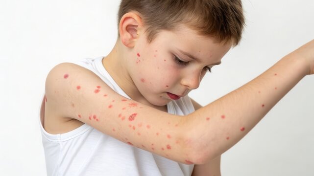 A young boy examines his arm, which is covered in red spots, possibly indicating a skin condition or allergy.