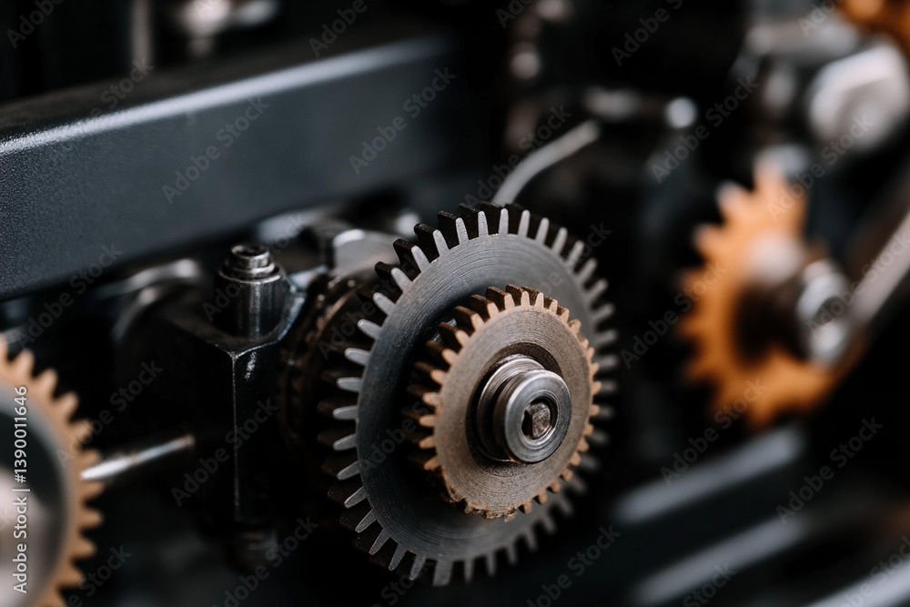 Poster mechanical gears in motion exemplifying factory efficiency in a production environment