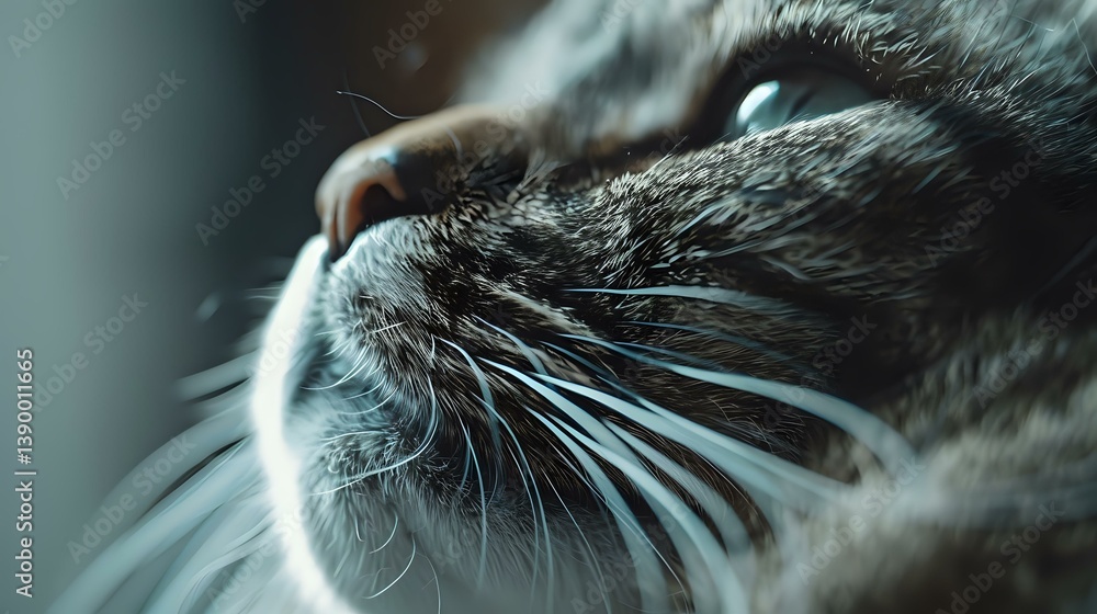 Poster close-up macro shot of cat whiskers and nose in soft blue tones, showing detailed texture of feline 